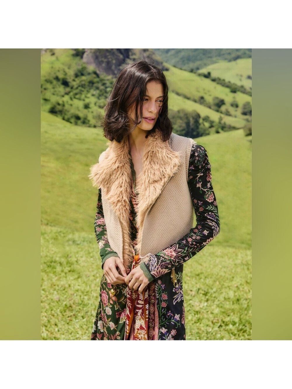 Farm Rio Beige Fur Sleeveless Knit Vest